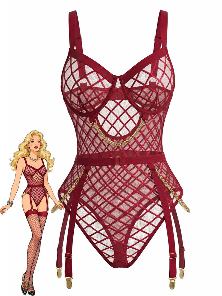 Strappy Chain Accents Sheer Mesh Lingerie - vintage fashion, retro style