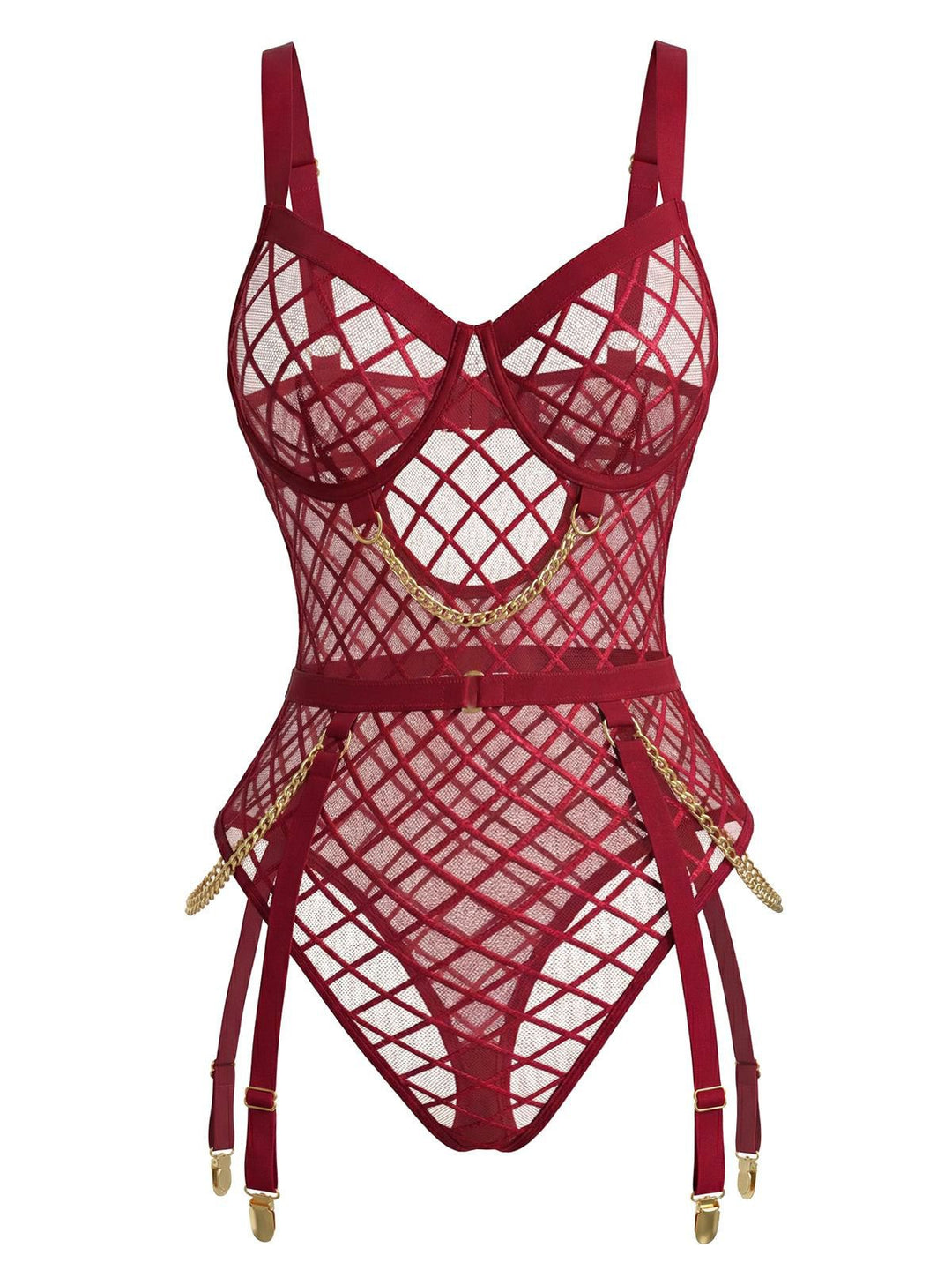 Strappy Chain Accents Sheer Mesh Lingerie - vintage fashion, retro style