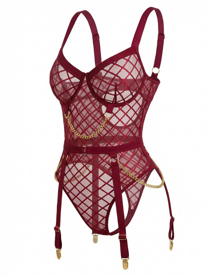 Strappy Chain Accents Sheer Mesh Lingerie - vintage fashion, retro style