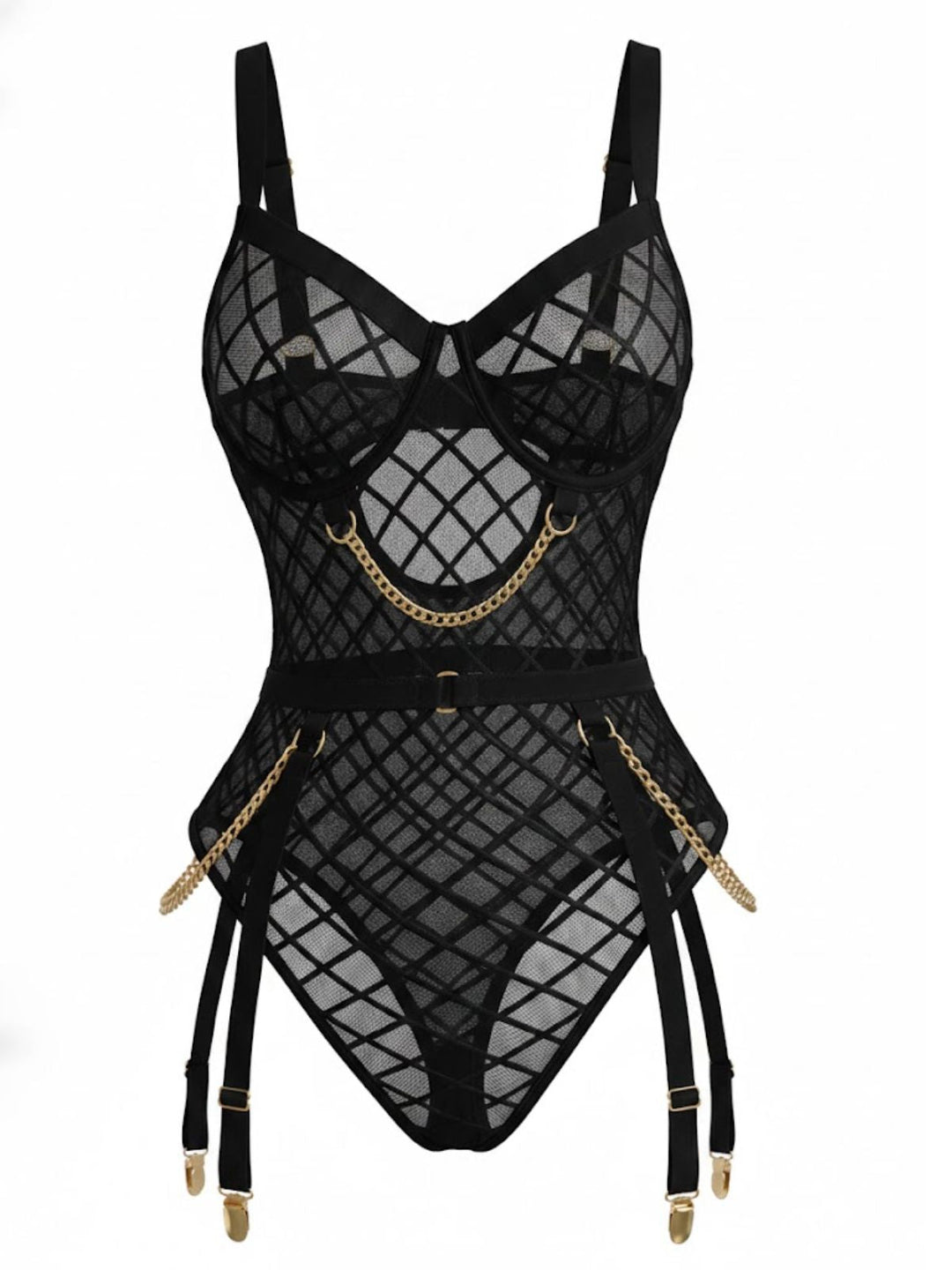 Strappy Chain Accents Sheer Mesh Lingerie - vintage fashion, retro style