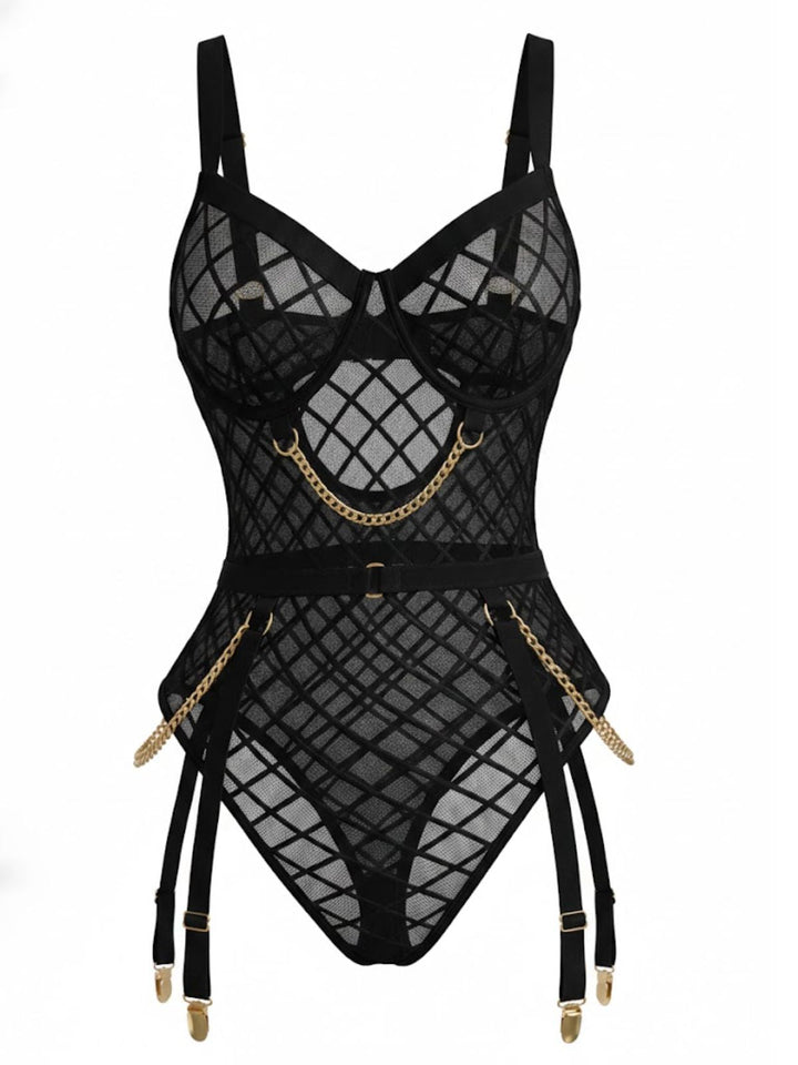 Strappy Chain Accents Sheer Mesh Lingerie - vintage fashion, retro style