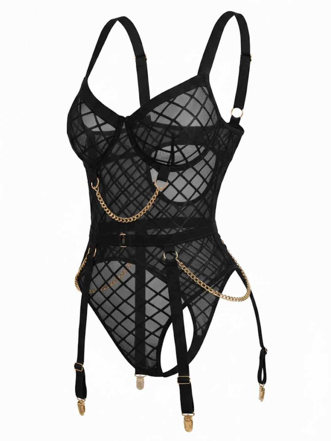 Strappy Chain Accents Sheer Mesh Lingerie - vintage fashion, retro style