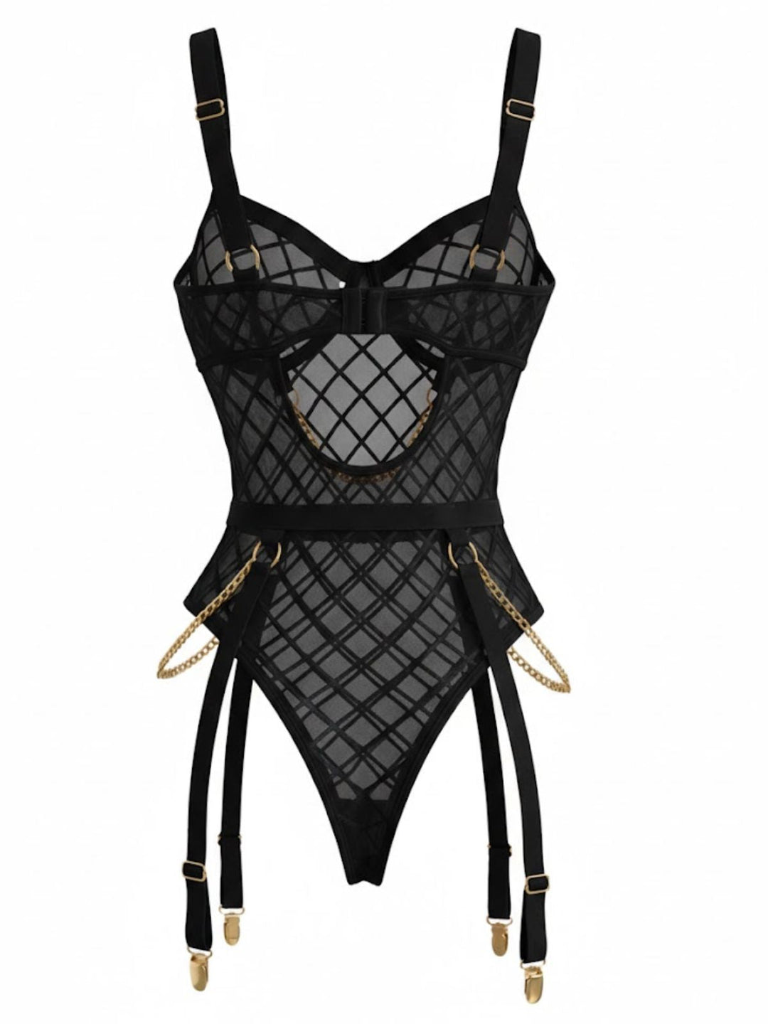 Strappy Chain Accents Sheer Mesh Lingerie - vintage fashion, retro style