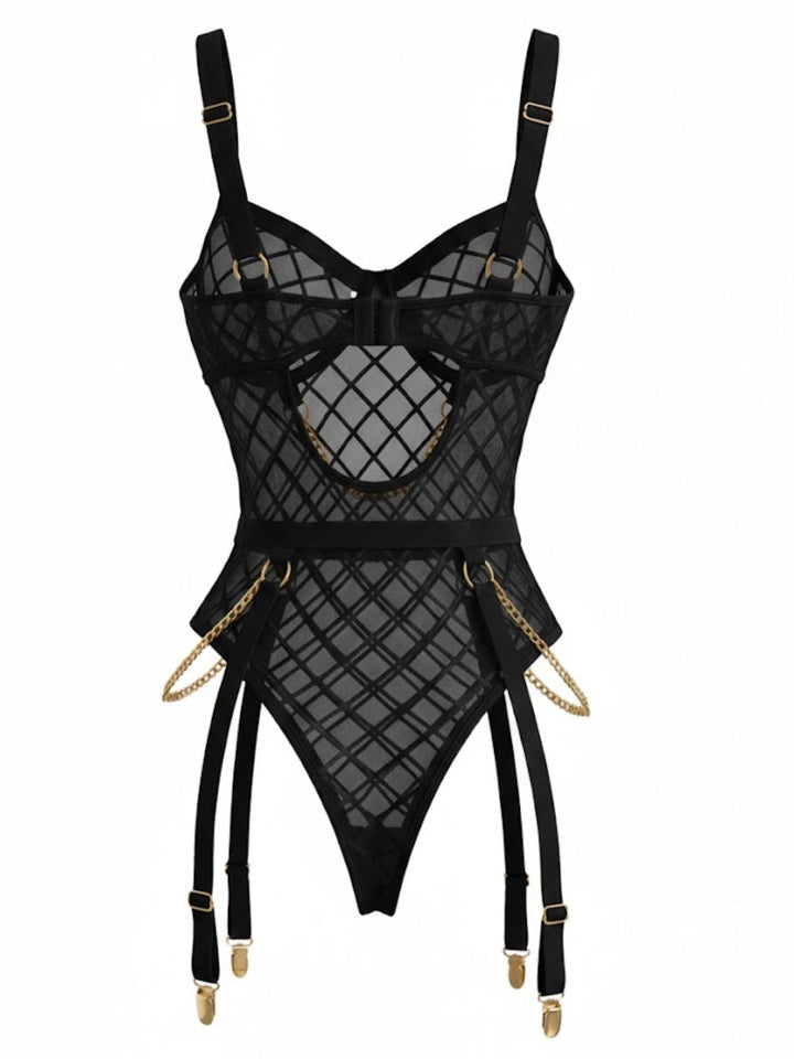 Strappy Chain Accents Sheer Mesh Lingerie - vintage fashion, retro style