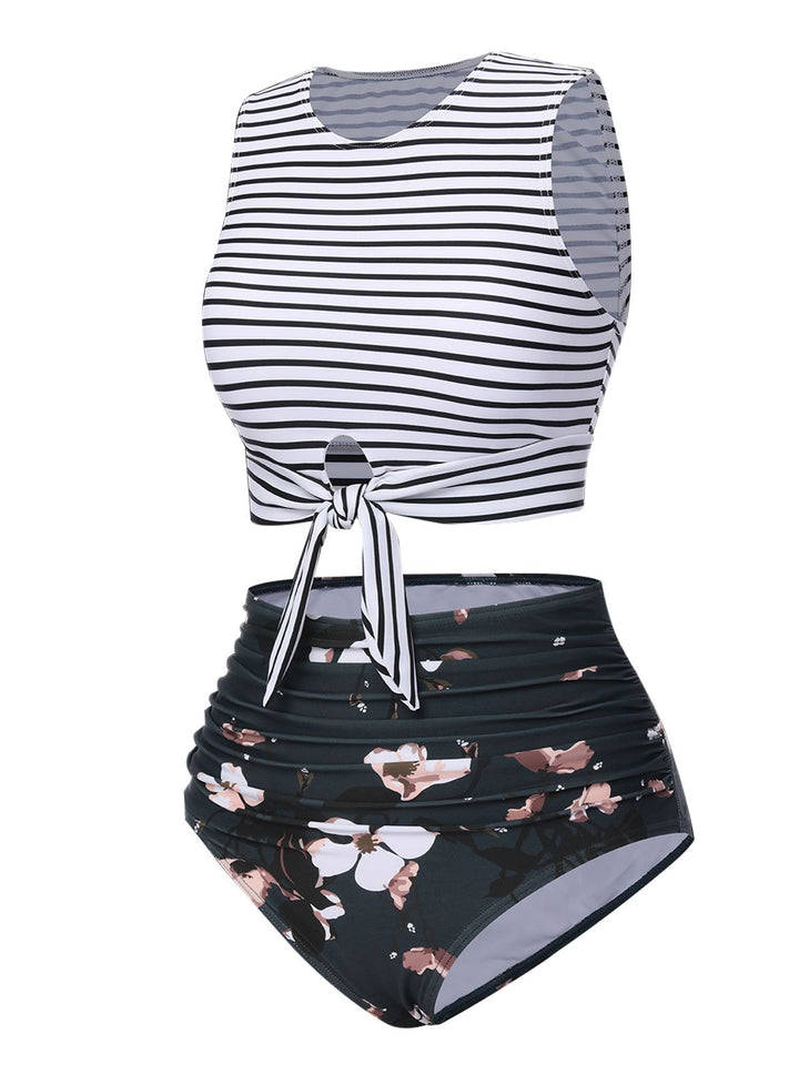 1970s Striped Waist Tie Floral Tankini Set, classic vintage style elegant retro fashion - Image 2