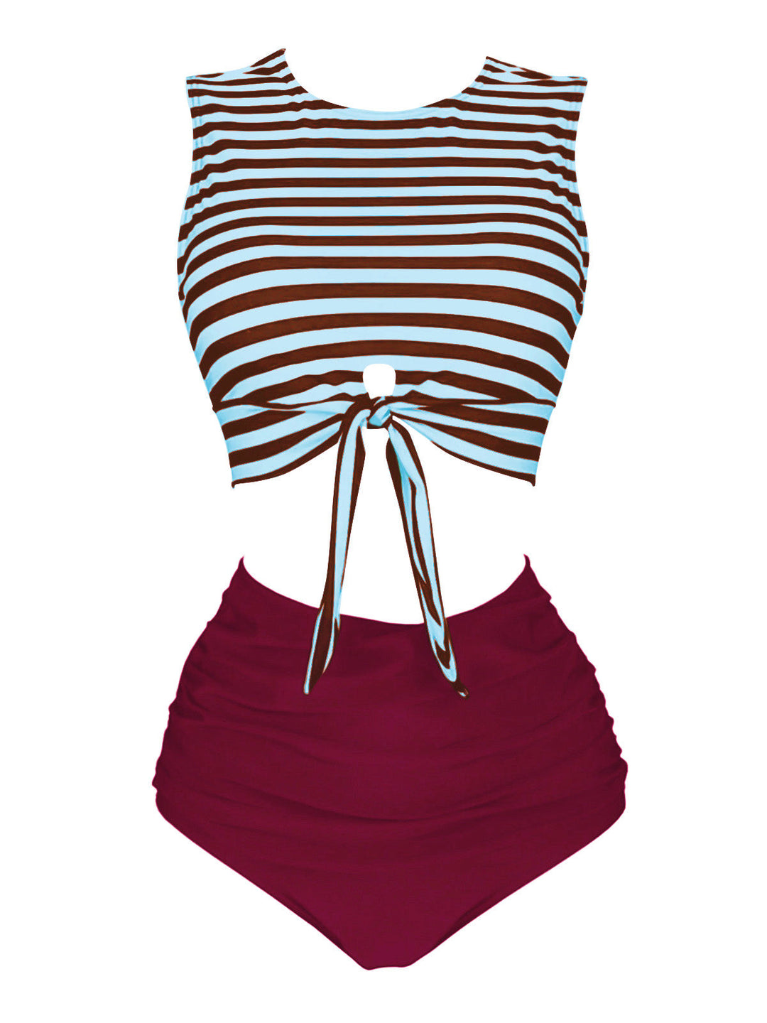 Blue &amp; Red Striped Waist Tie Patchwork Swimsuit, classic vintage style summer beach collection - Image 1
