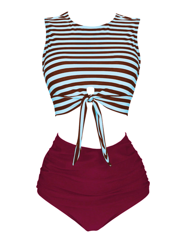 Blue &amp; Red Striped Waist Tie Patchwork Swimsuit, classic vintage style summer beach collection - Image 1
