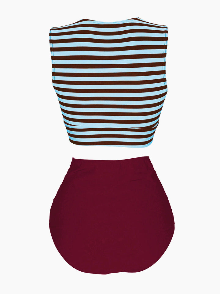 Blue &amp; Red Striped Waist Tie Patchwork Swimsuit, classic vintage style summer beach collection - Image 2