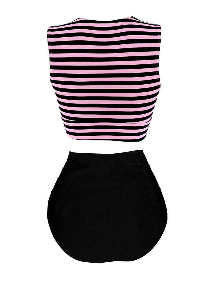 Pink &amp; Black Striped Waist Tie Patchwork Swimsuit, classic vintage style summer beach collection - Image 2