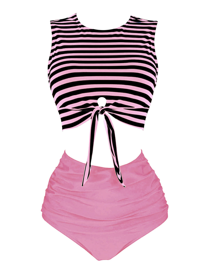 Pink Striped Waist Tie Patchwork Swimsuit, classic vintage style summer beach collection - Image 1