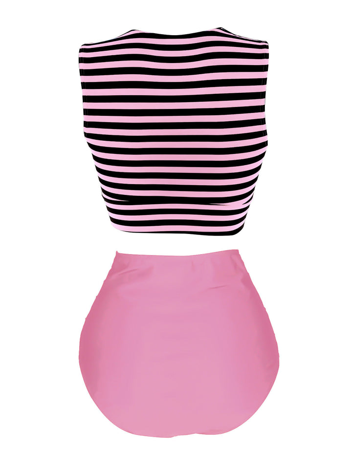 Pink Striped Waist Tie Patchwork Swimsuit, classic vintage style summer beach collection - Image 2
