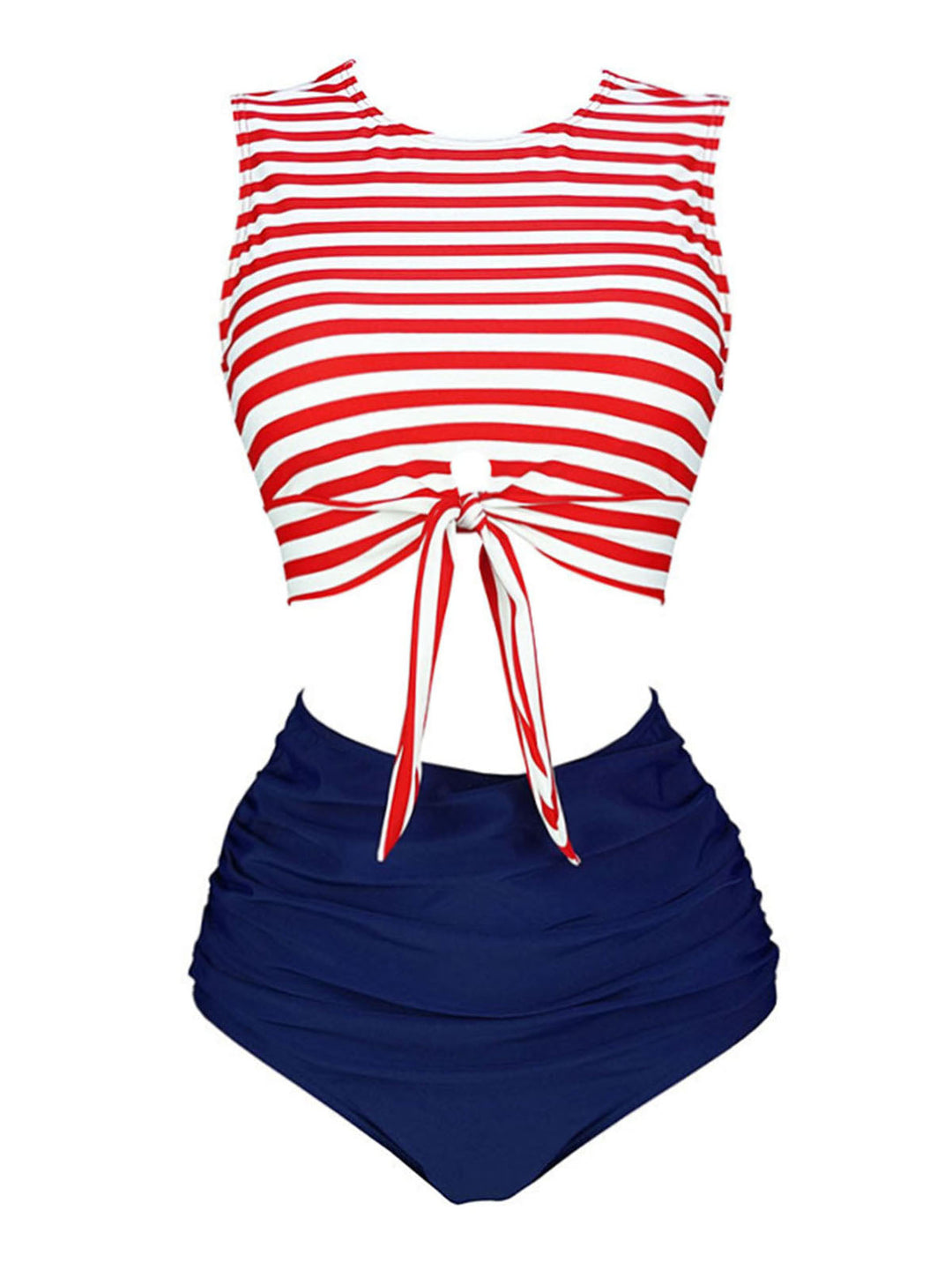 Red &amp; Blue Striped Waist Tie Patchwork Swimsuit, classic vintage style summer beach collection - Image 1