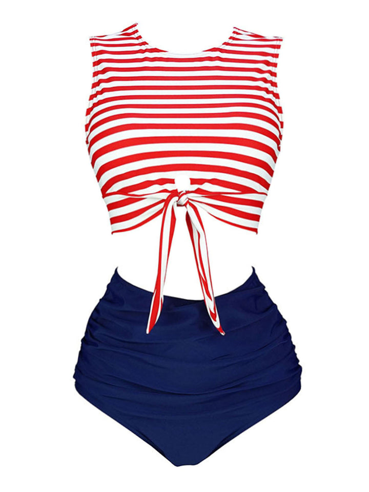 Red &amp; Blue Striped Waist Tie Patchwork Swimsuit, classic vintage style summer beach collection - Image 1