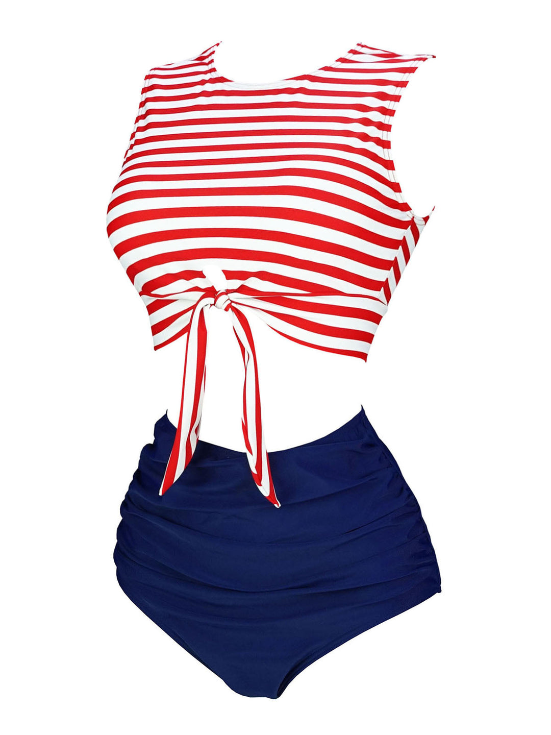 Red &amp; Blue Striped Waist Tie Patchwork Swimsuit, classic vintage style summer beach collection - Image 2