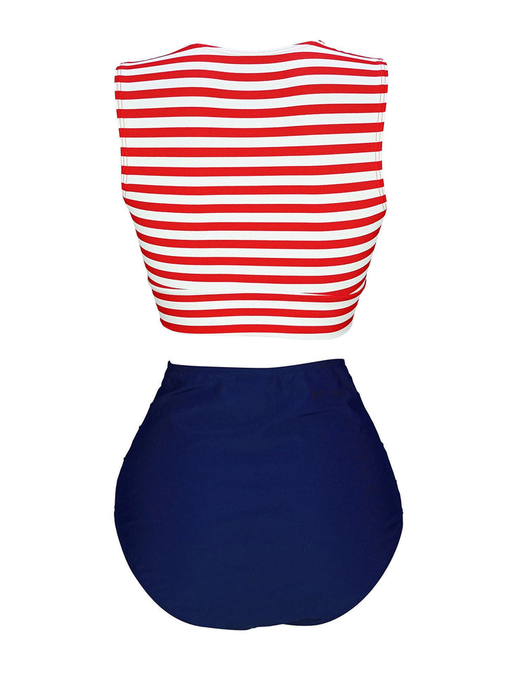 Red &amp; Blue Striped Waist Tie Patchwork Swimsuit, classic vintage style summer beach collection - Image 3