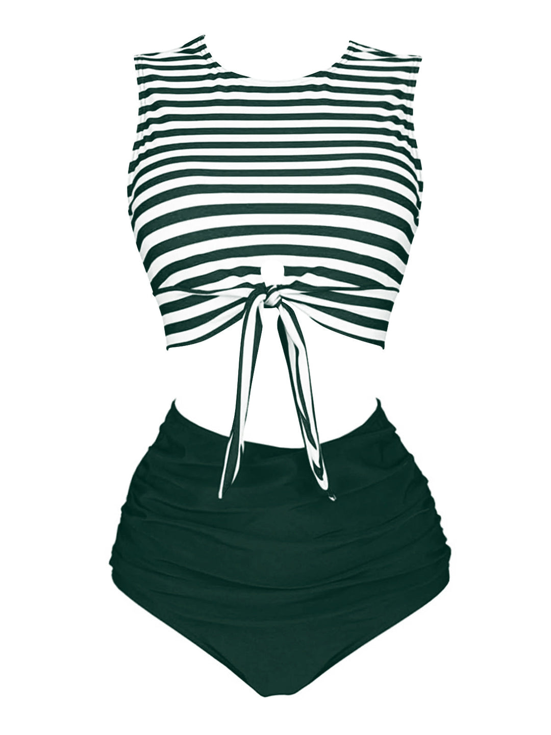 Green Striped Waist Tie Patchwork Swimsuit, classic vintage style summer beach collection - Image 1