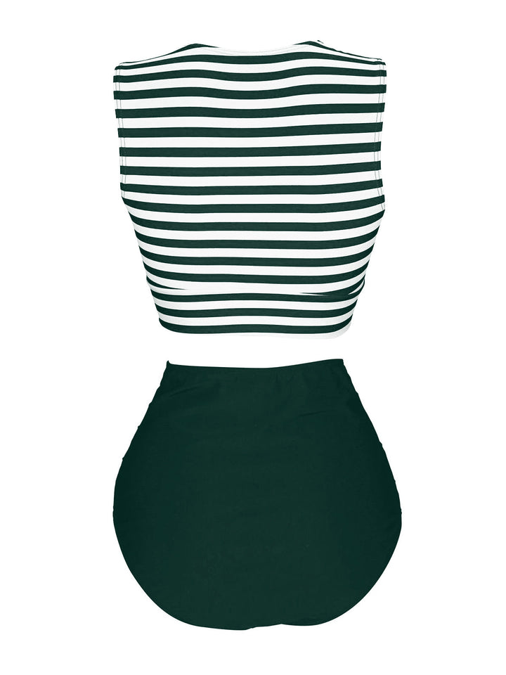 Green Striped Waist Tie Patchwork Swimsuit, classic vintage style summer beach collection - Image 2