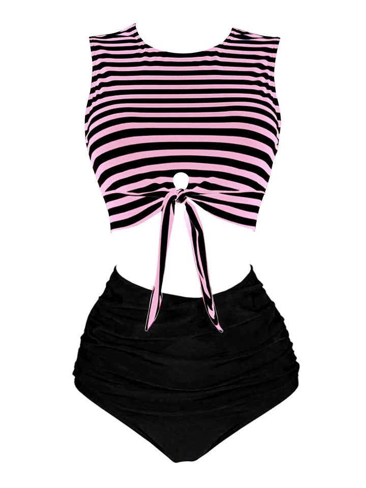Pink &amp; Black Striped Waist Tie Patchwork Swimsuit, classic vintage style summer beach collection - Image 1