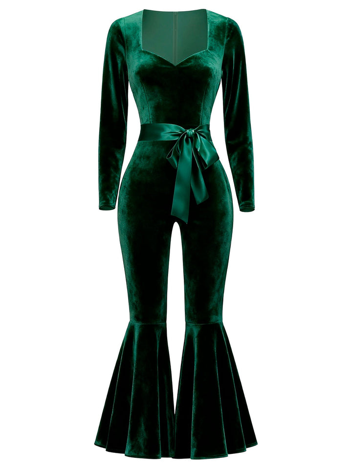 1970s Sweetheart Flare Leg Velvet Jumpsuit - vintage jumpsuit, fashion