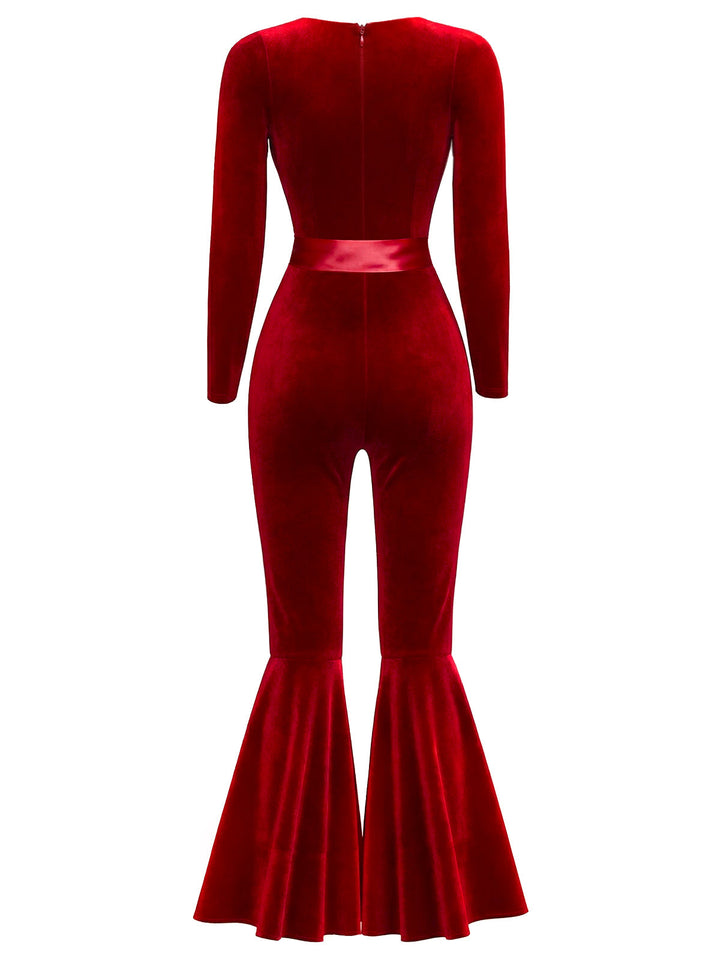 1970s Sweetheart Flare Leg Velvet Jumpsuit - vintage jumpsuit, fashion