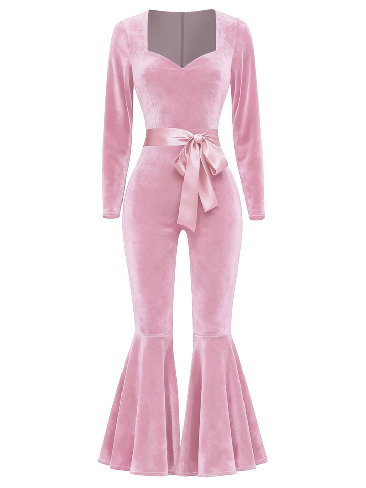 1970s Sweetheart Flare Leg Velvet Jumpsuit - vintage jumpsuit, fashion