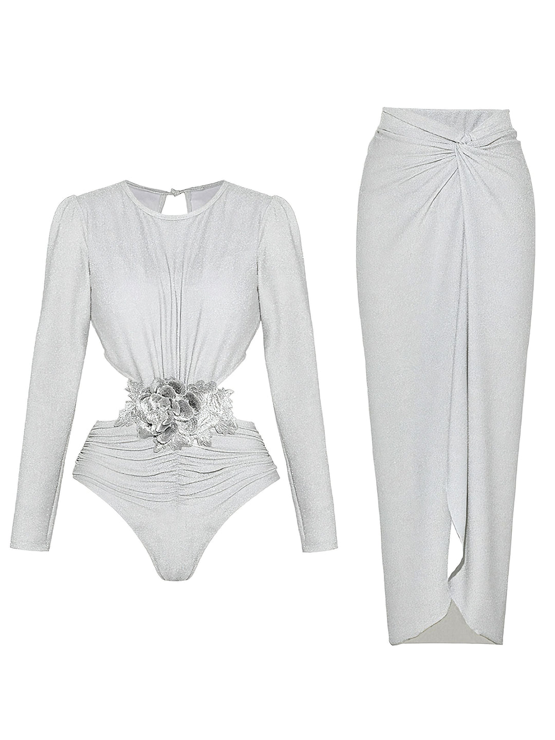 2PCS Silver 1970s 3D Floral Cutout One-Piece Swimsuit &amp; Cover-Up - vintage swimsuit, pin-up style