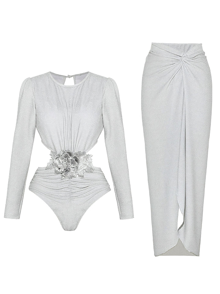 2PCS Silver 1970s 3D Floral Cutout One-Piece Swimsuit &amp; Cover-Up - vintage swimsuit, pin-up style