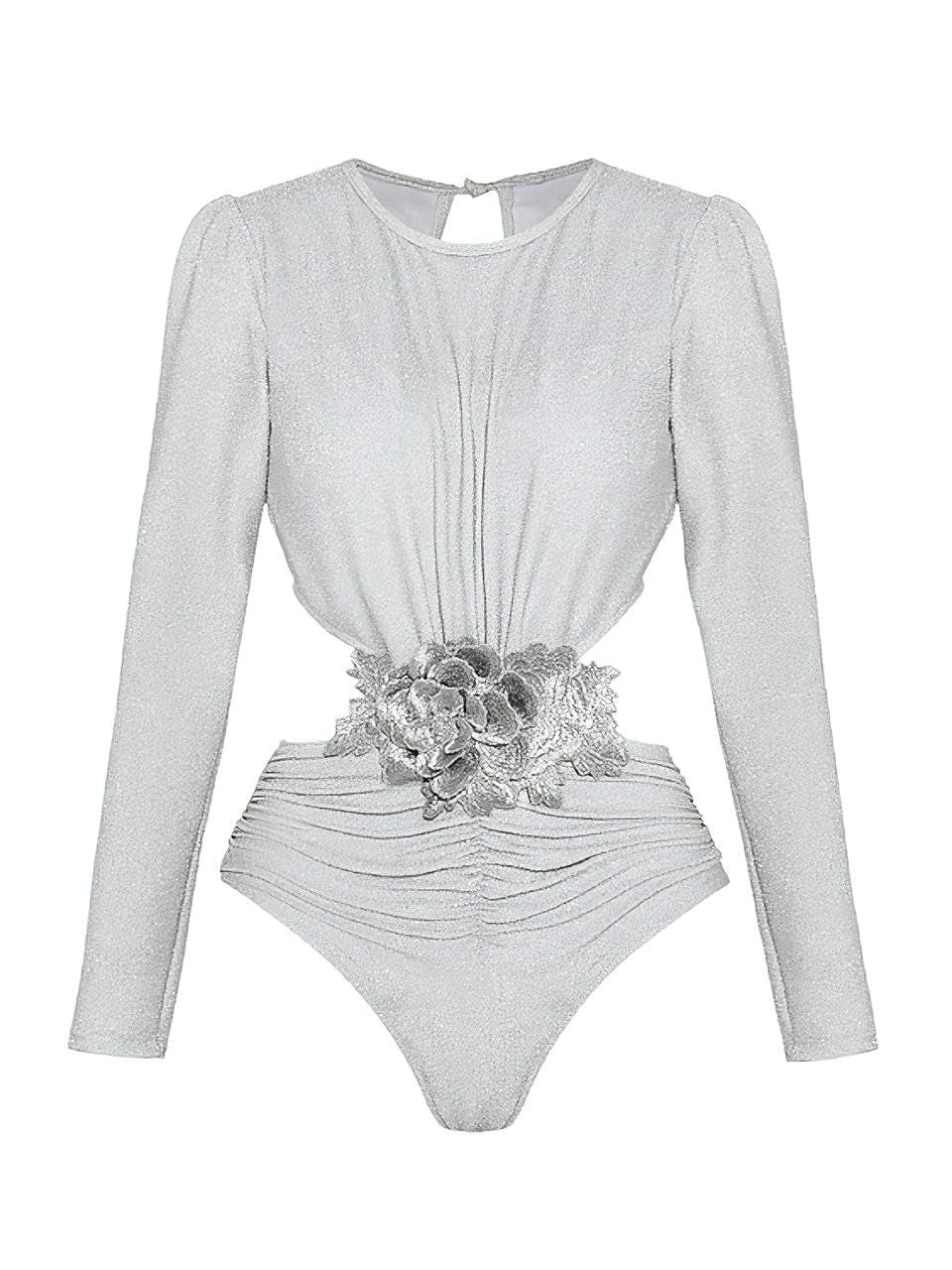 2PCS Silver 1970s 3D Floral Cutout One-Piece Swimsuit &amp; Cover-Up - vintage swimsuit, pin-up style