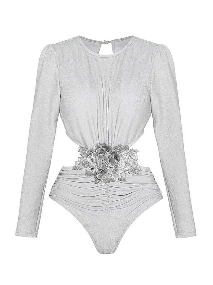 2PCS Silver 1970s 3D Floral Cutout One-Piece Swimsuit &amp; Cover-Up - vintage swimsuit, pin-up style
