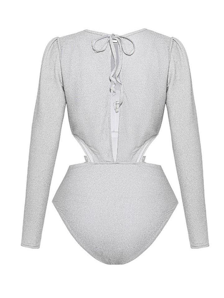 2PCS Silver 1970s 3D Floral Cutout One-Piece Swimsuit &amp; Cover-Up - vintage swimsuit, pin-up style