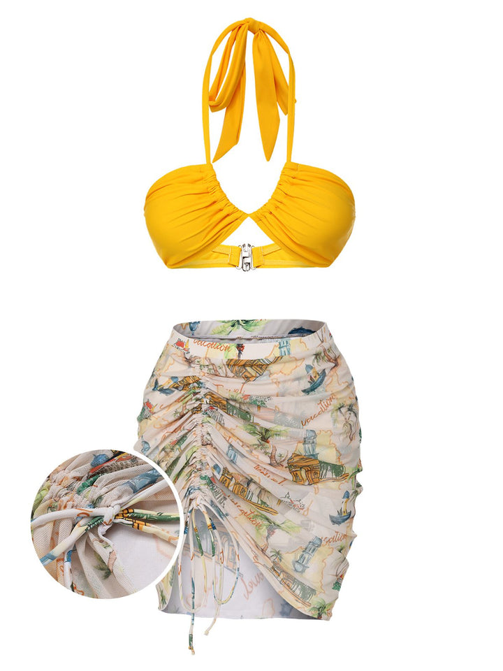 2PCS Yellow 1970s Retro Architectural Pattern Swimsuit &amp; Cover-Up - vintage swimsuit, pin-up style