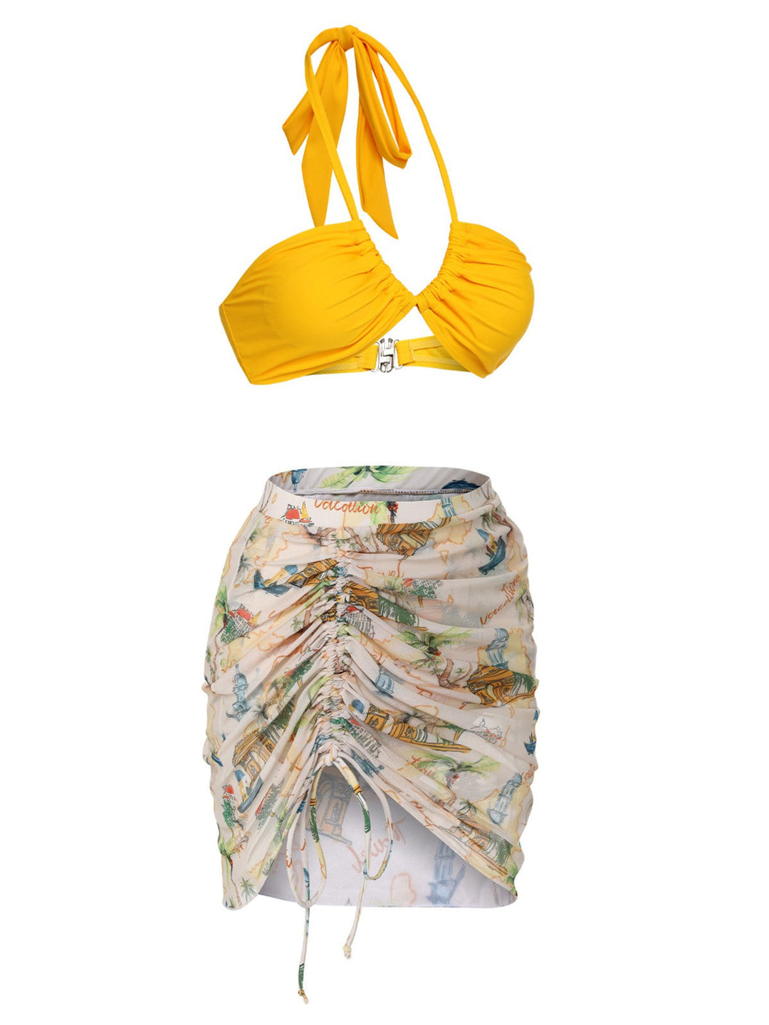 2PCS Yellow 1970s Retro Architectural Pattern Swimsuit &amp; Cover-Up - vintage swimsuit, pin-up style