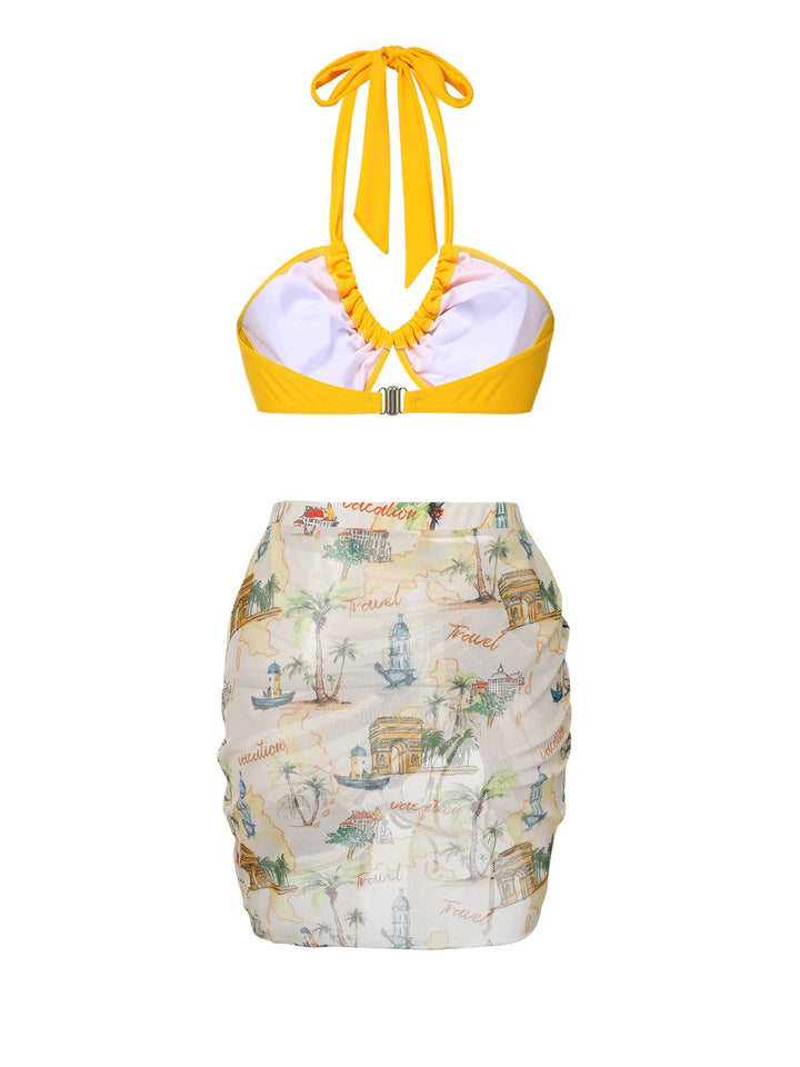 2PCS Yellow 1970s Retro Architectural Pattern Swimsuit &amp; Cover-Up - vintage swimsuit, pin-up style
