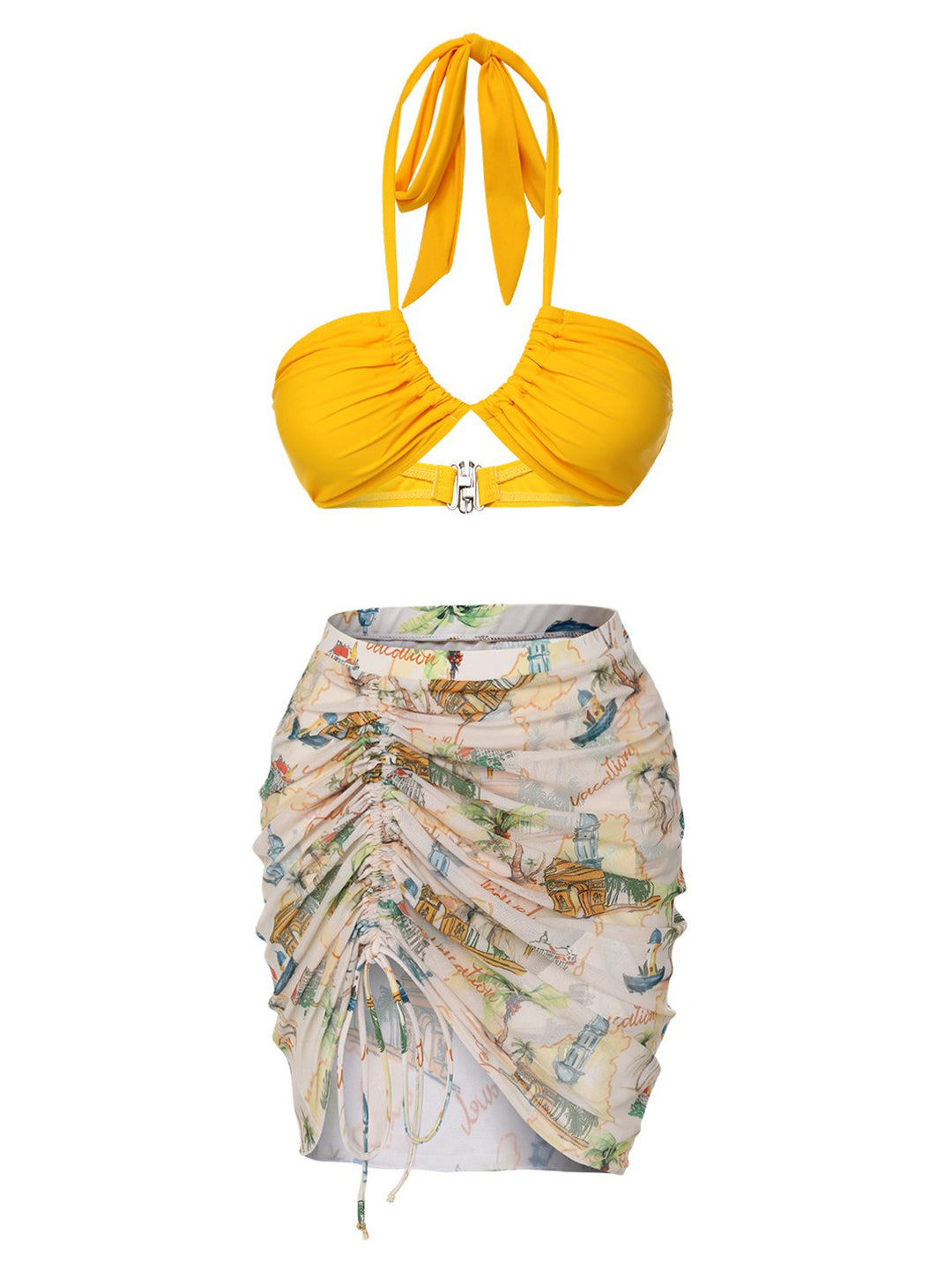 2PCS Yellow 1970s Retro Architectural Pattern Swimsuit &amp; Cover-Up - vintage swimsuit, pin-up style