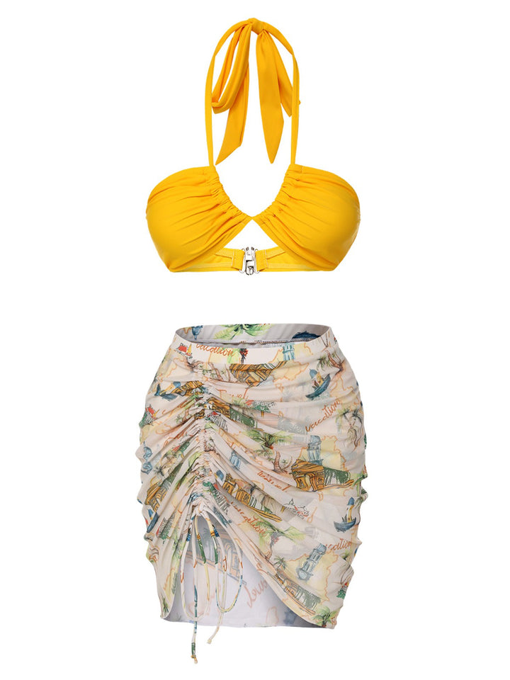 2PCS Yellow 1970s Retro Architectural Pattern Swimsuit &amp; Cover-Up - vintage swimsuit, pin-up style