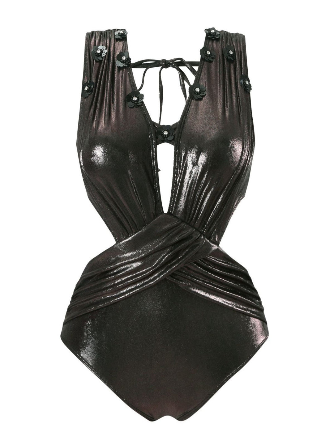 Black 1970s Solid Appliques Strappy Glossy One-Piece Swimsuit - vintage swimsuit, pin-up style, classic black