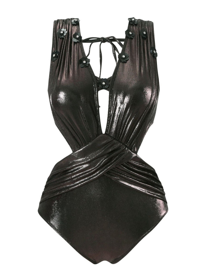 Black 1970s Solid Appliques Strappy Glossy One-Piece Swimsuit - vintage swimsuit, pin-up style, classic black