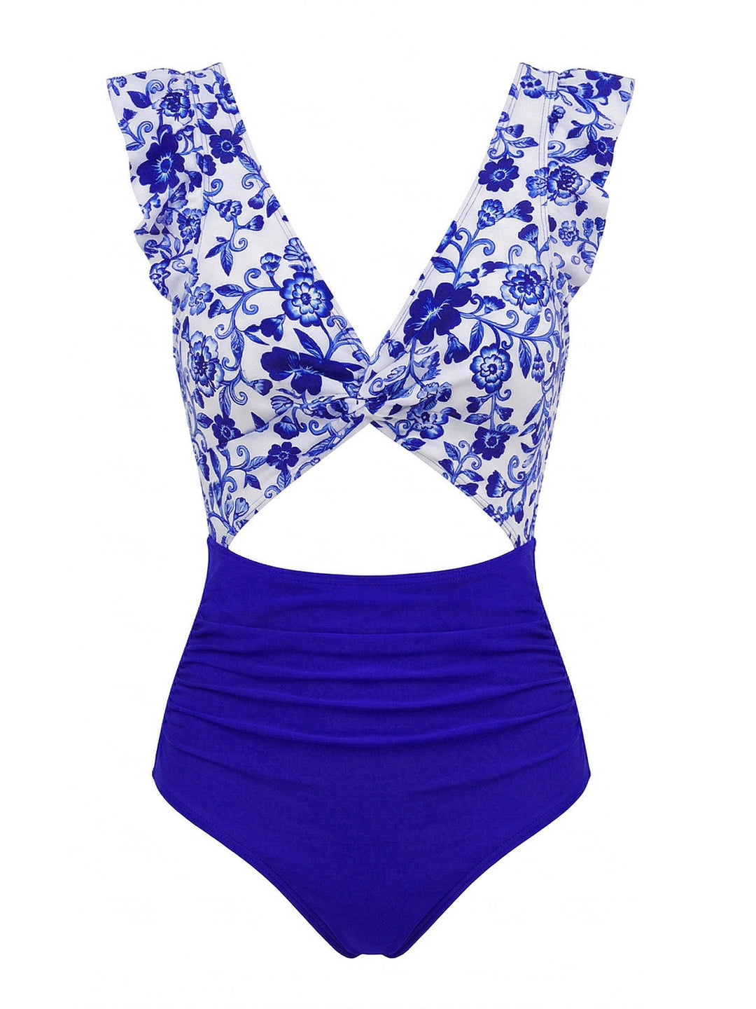 Dark Blue 1970s Porcelain Color Block One-Piece Swimsuit - vintage swimsuit, pin-up style