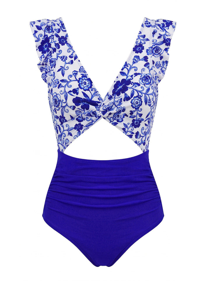 Dark Blue 1970s Porcelain Color Block One-Piece Swimsuit - vintage swimsuit, pin-up style