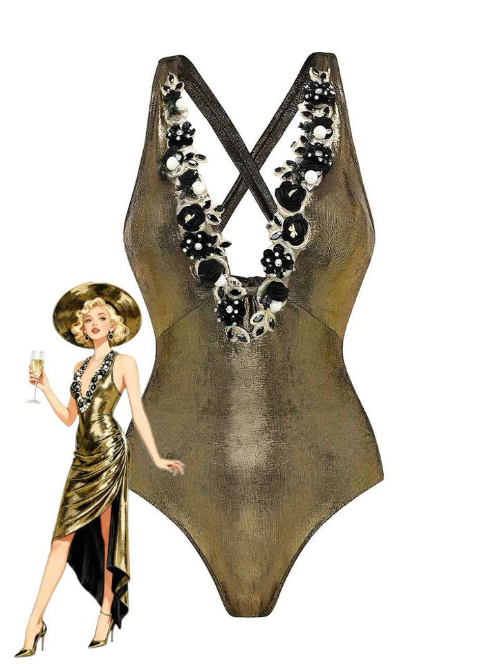 1970s Metallic Deep V-Neck 3D Floral Swimsuit &amp; Cover-Up - vintage swimsuit, pin-up style