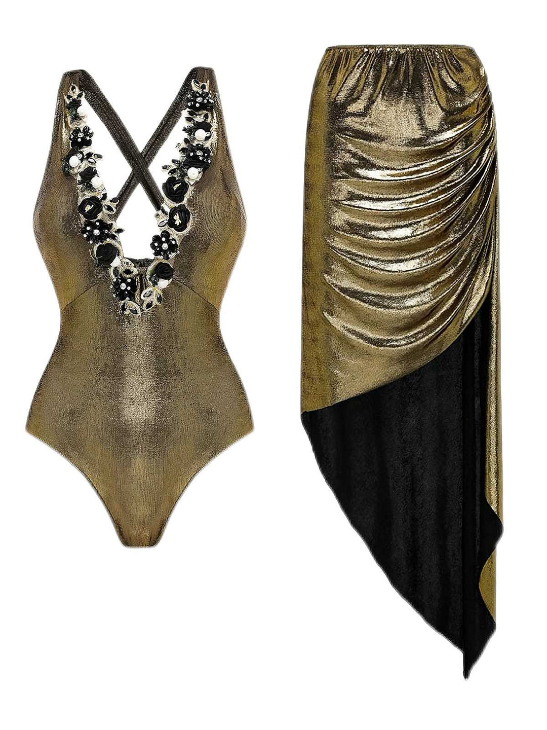 1970s Metallic Deep V-Neck 3D Floral Swimsuit &amp; Cover-Up - vintage swimsuit, pin-up style