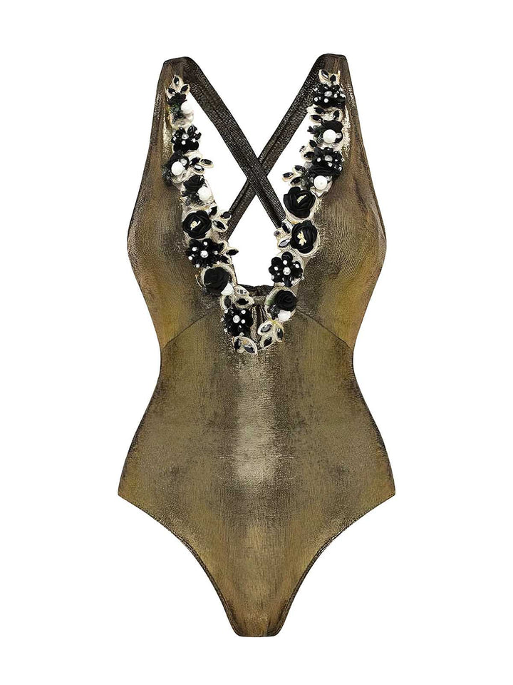1970s Metallic Deep V-Neck 3D Floral Swimsuit &amp; Cover-Up - vintage swimsuit, pin-up style