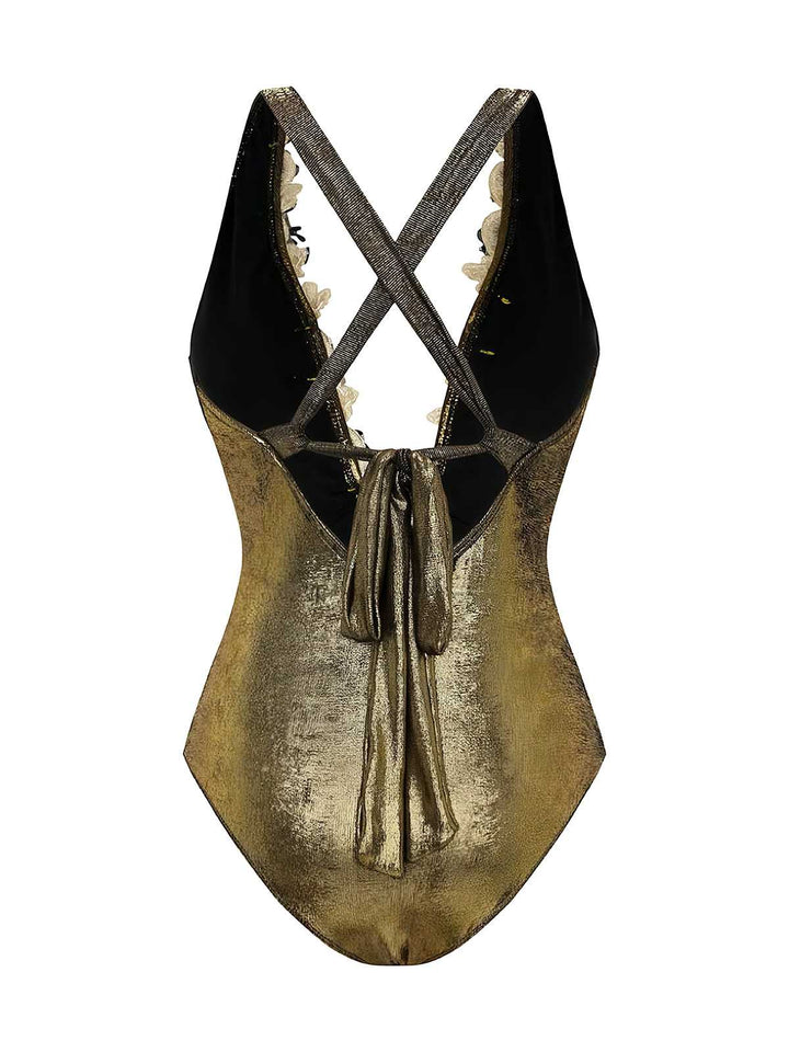 1970s Metallic Deep V-Neck 3D Floral Swimsuit &amp; Cover-Up - vintage swimsuit, pin-up style