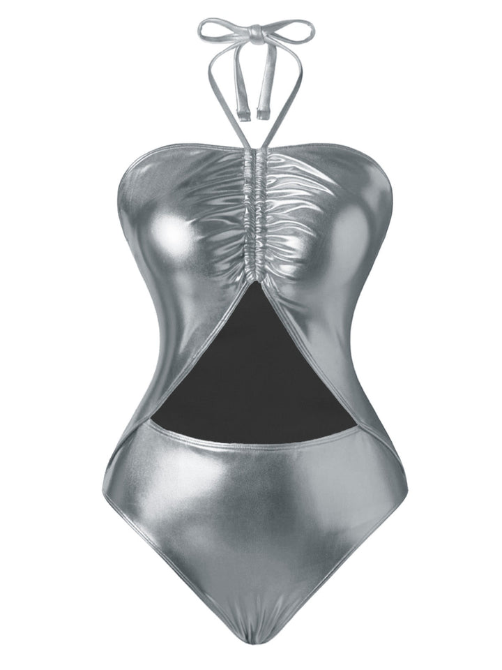 1970s Metallic Halter Neck Cutout One-Piece Swimsuit - vintage swimsuit, pin-up style