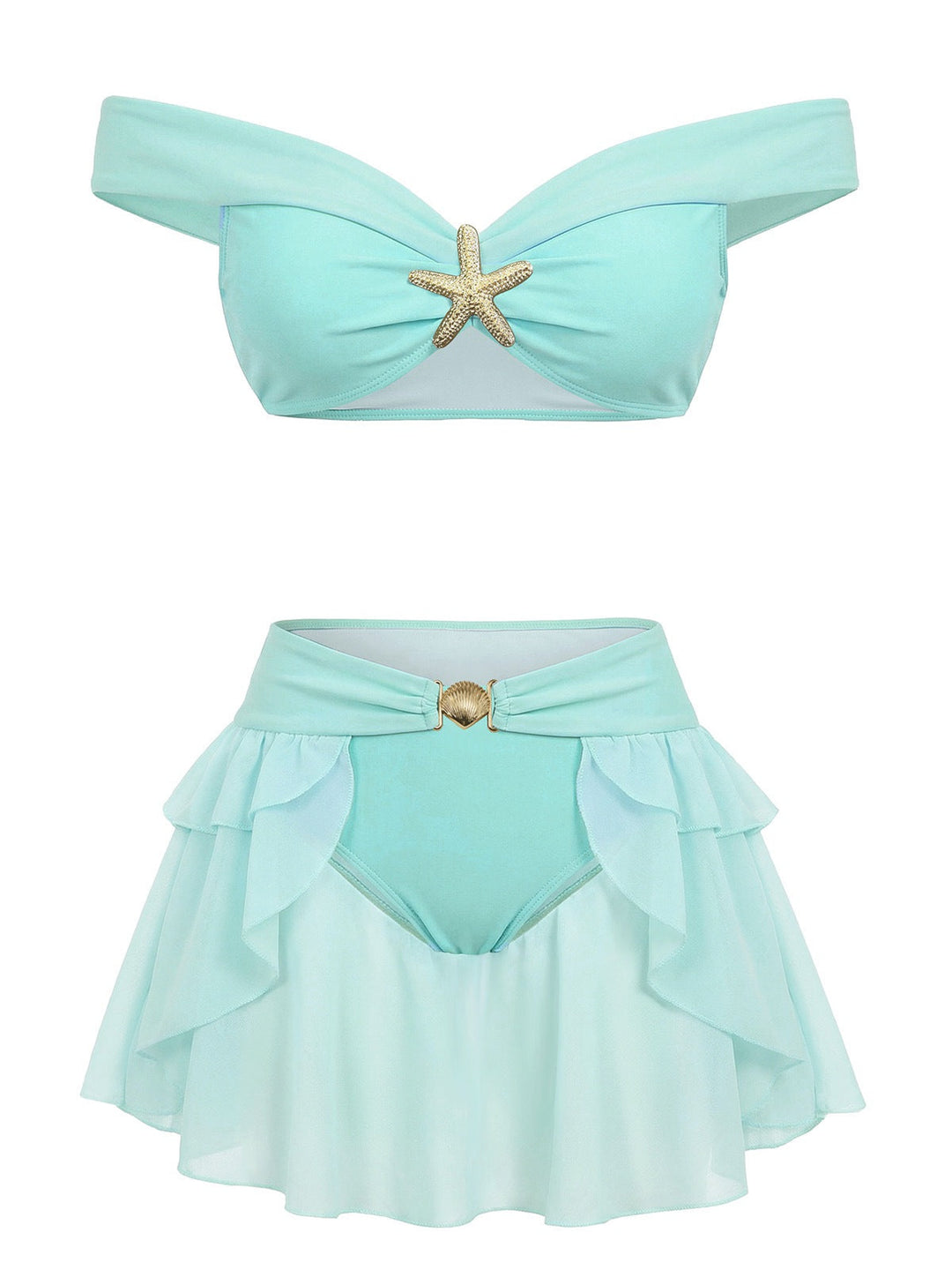 Teal 1970s Jasmine Princess Off-Shoulder Ruffled Bikini Set - vintage fashion, retro style