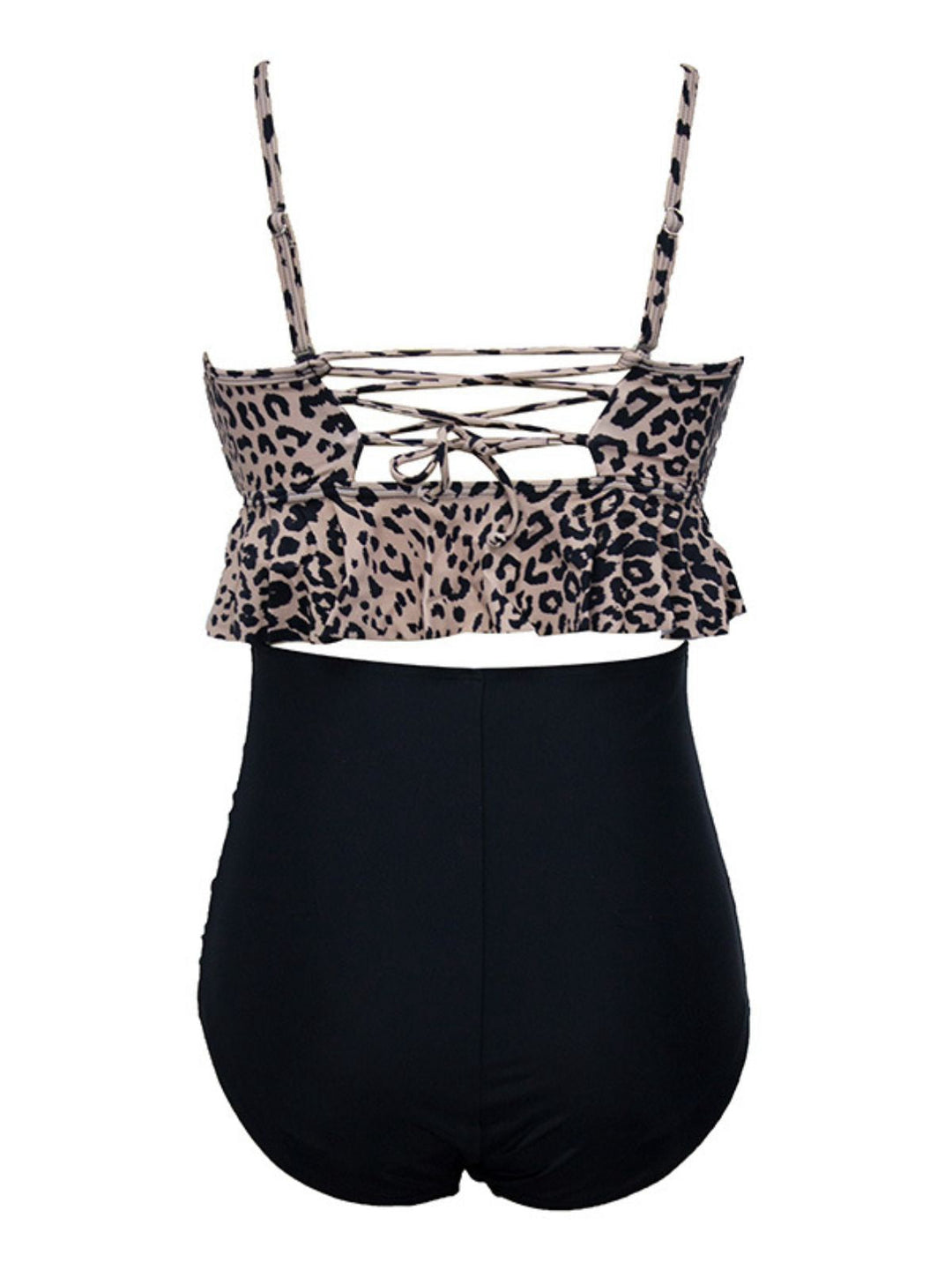 This 1970s Tummy Control Leopard Ruffled Tankini Set carries 1970s vacation dreams in every stitch