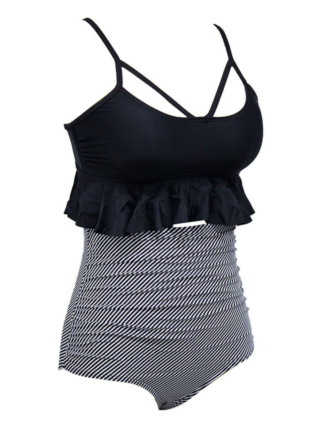 Tummy Control Striped Ruffled Tankini Set - vintage fashion, retro style