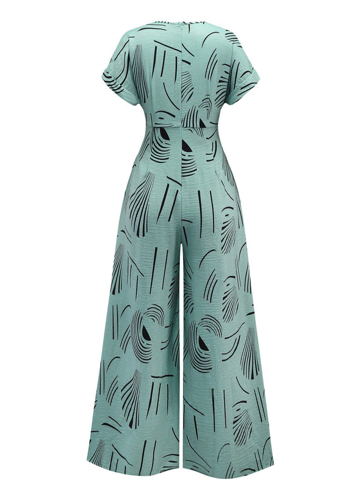 1970s V-Neck Abstract Line Wide-Leg Jumpsuit, vintage romper, retro jumpsuit - perfect for women who love vintage and retro fashion