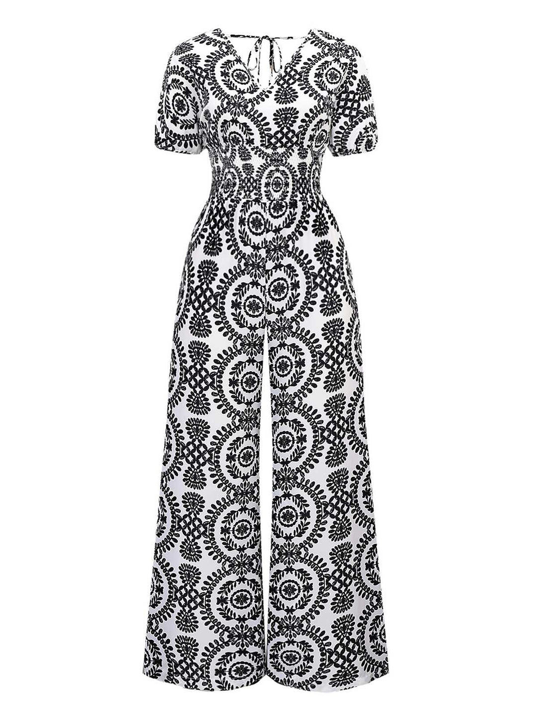 1970s V-Neck Boho Puff Sleeve Wide-Leg Jumpsuit - vintage jumpsuit, retro fashion