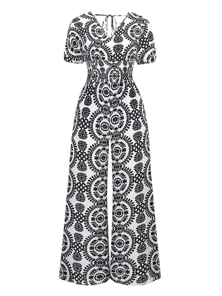 1970s V-Neck Boho Puff Sleeve Wide-Leg Jumpsuit - vintage jumpsuit, retro fashion